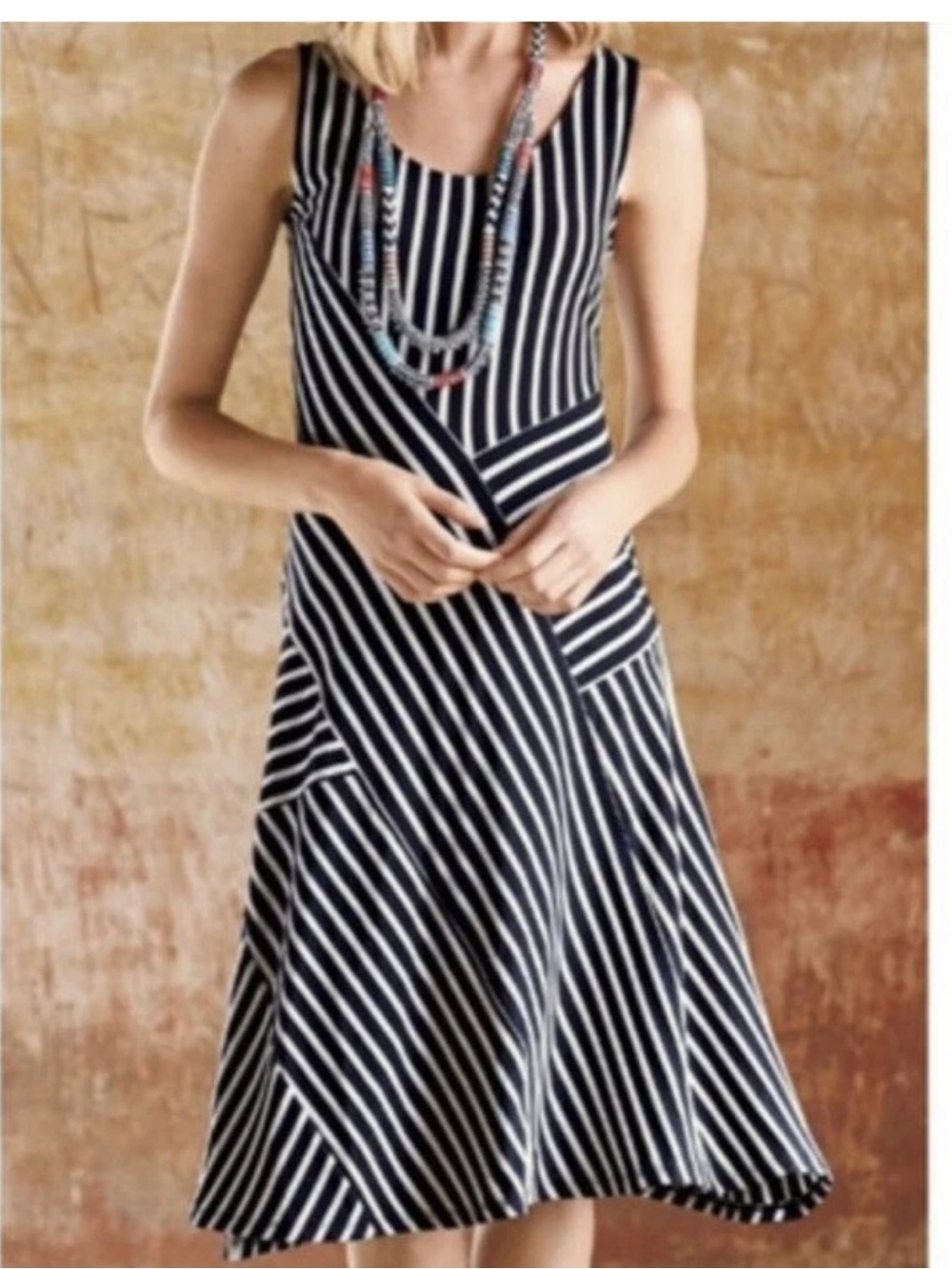 Peruvian Connection Dress Striped Navy Blue Cream Sleeveless A Line Large